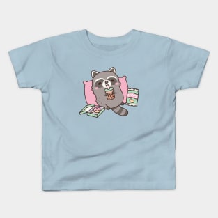 Cute Raccoon Chilling With Boba Tea And Snacks Kids T-Shirt